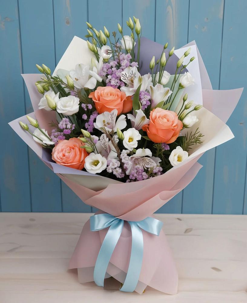 Букет цветов из: Лизиантусы, Розы, Альстромерии и Гипсофила в Унече